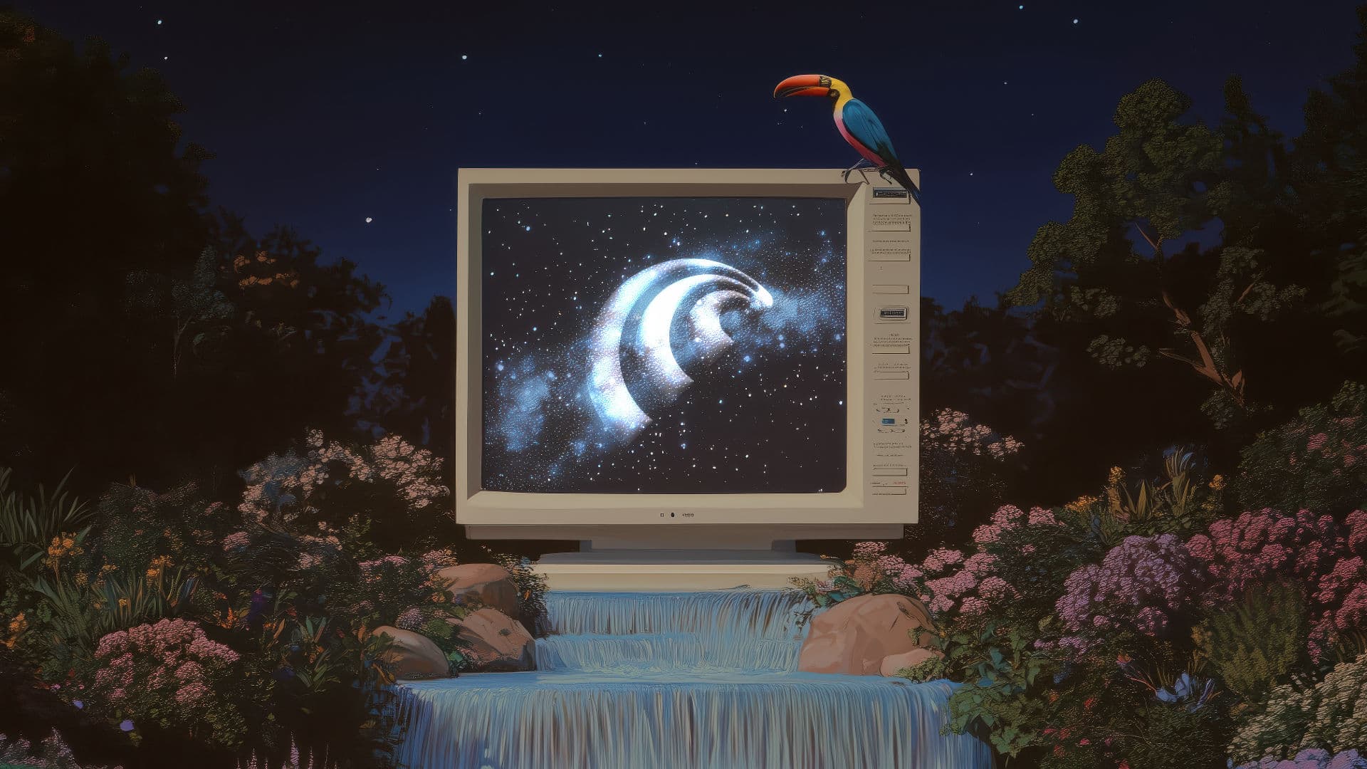 Perplexity Retro Monitor Toucan Garden